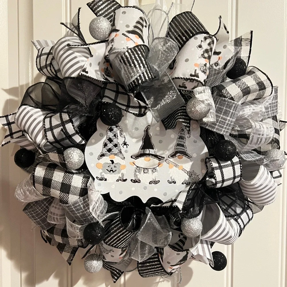 13 inch Halloween Ribbon Wreath Black White Gnome MW4